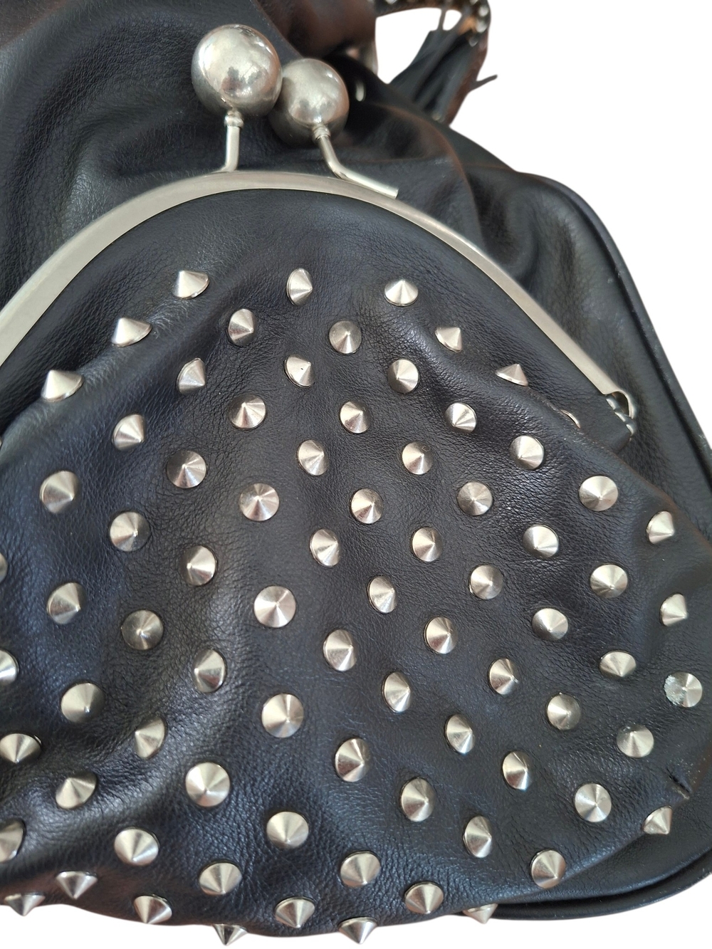 Vtg Betsey Johnson Black Leather Studded Kiss Lock Hobo Bucket Bag Y2K Rare - Picture 9 of 16